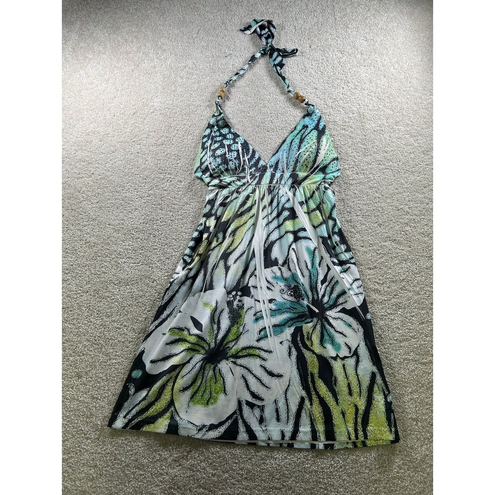 Women's Small Halter Dress Blue Green Floral Beaded‎ Polyester
